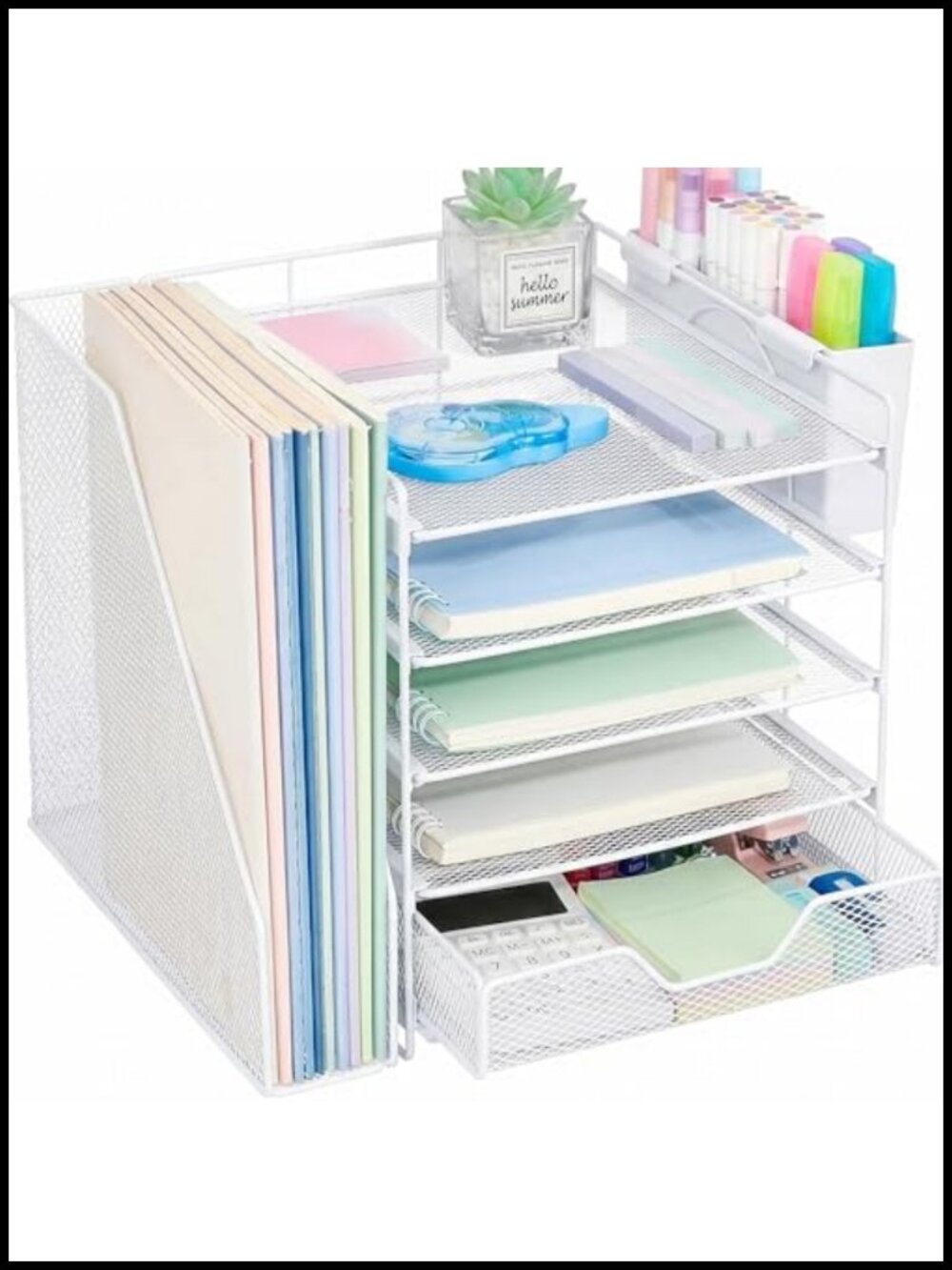 5-Tier Desk File Organizer Metal Mesh with Drawer Pen Holder Office Storage